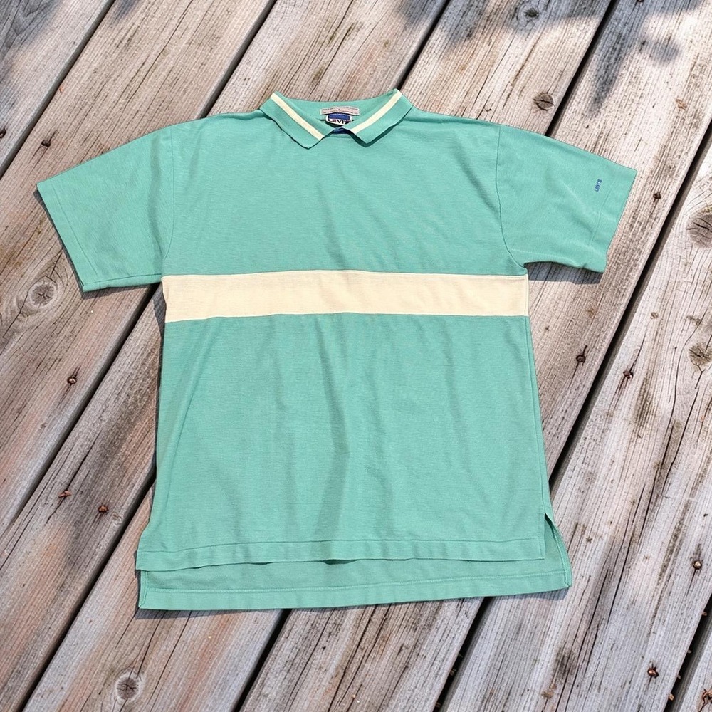 Vintage Levis Polo Shirt Mens Large Teal Turquoise White Stripe Short Sleeve L